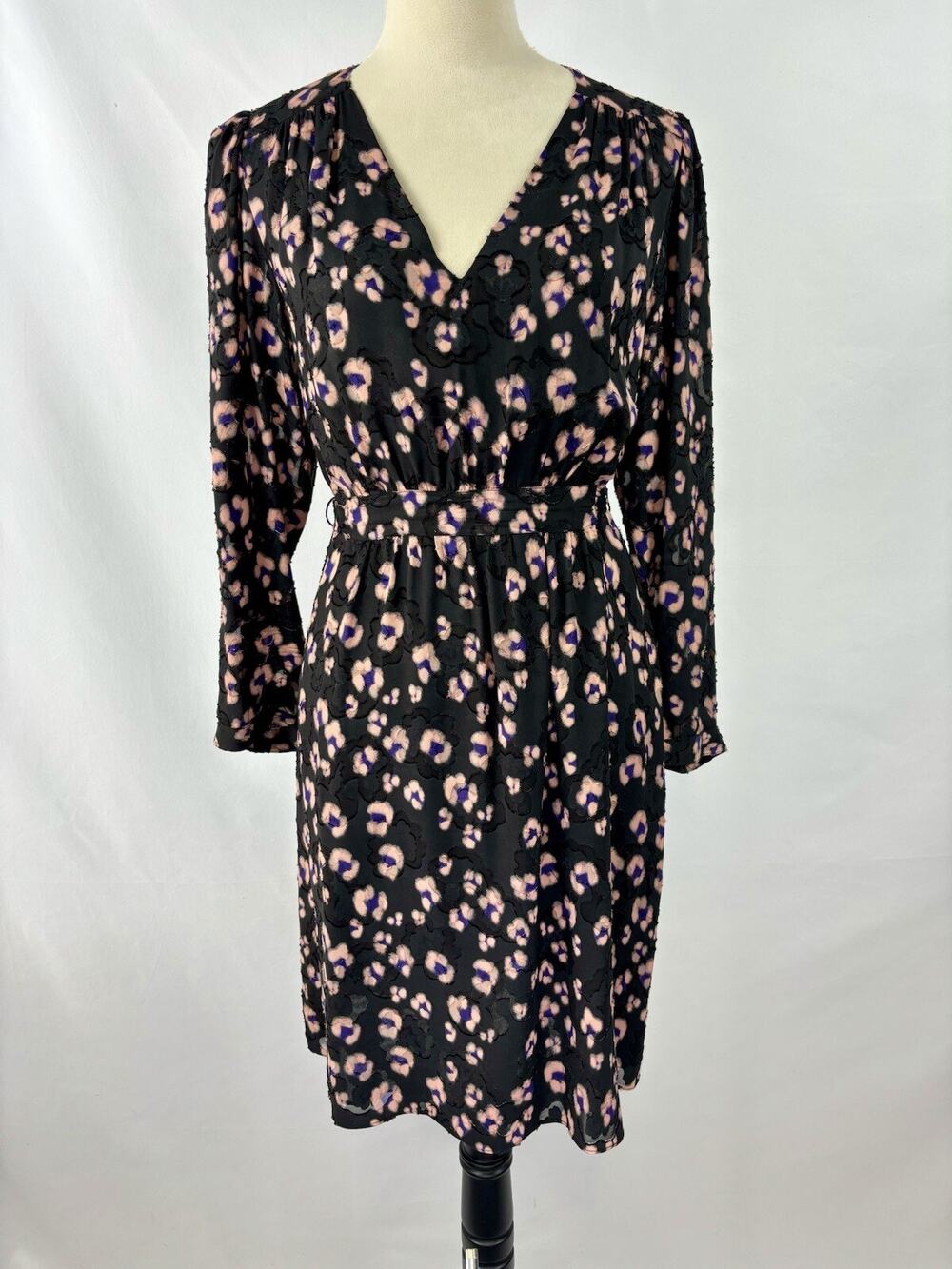 Rebecca Taylor Dress Black Animal Print 6 Long Sleeve Sheer Knee Length V-neck